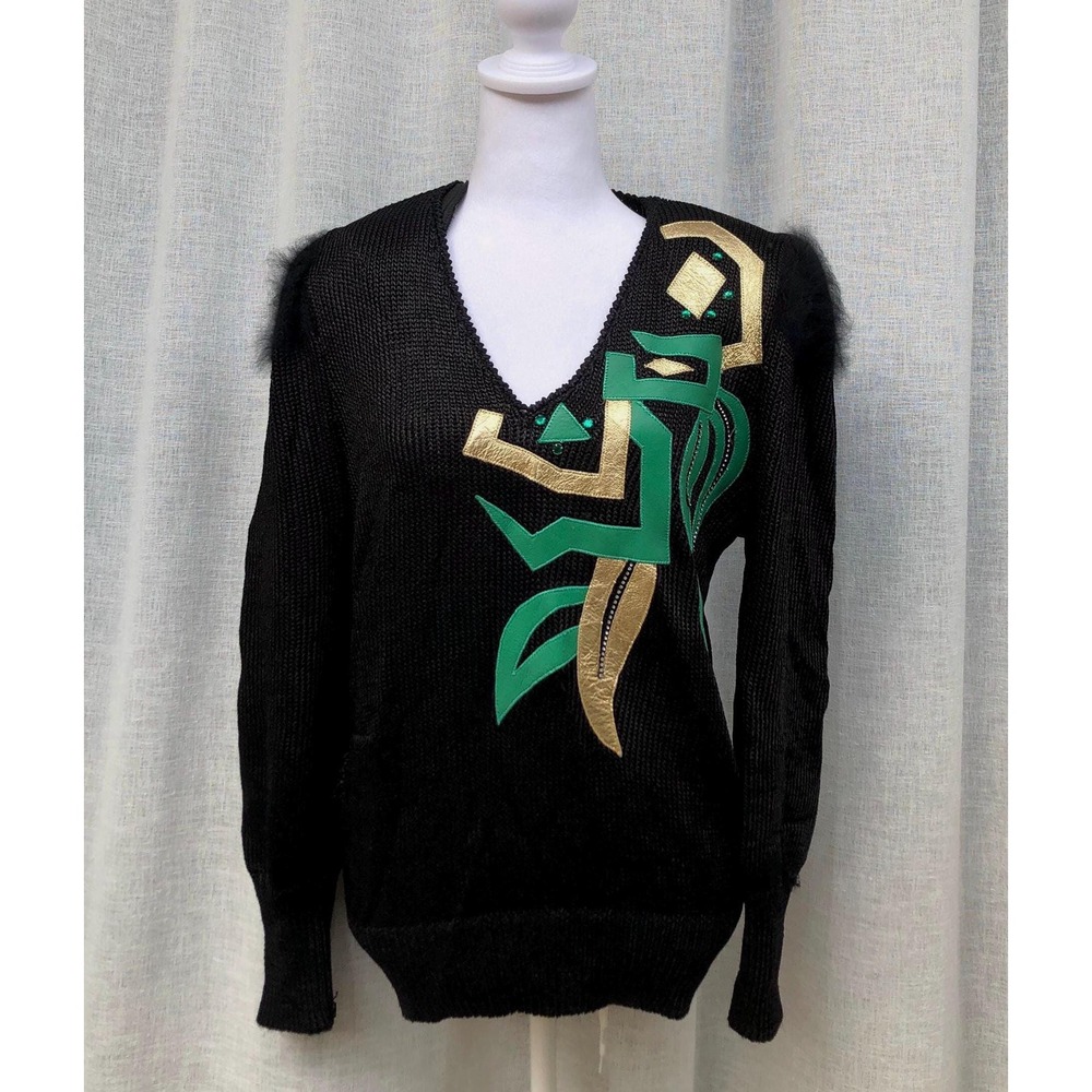 Elizabeth New York black pullover v-neck sweater green gold abstract embroidery